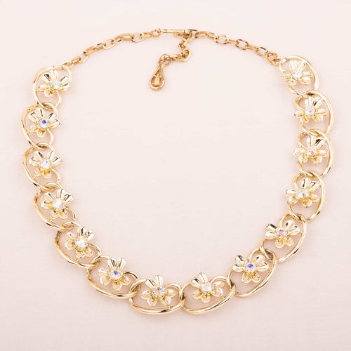 CORO gold-tone flower necklace with Aurora Borealis rhinestone