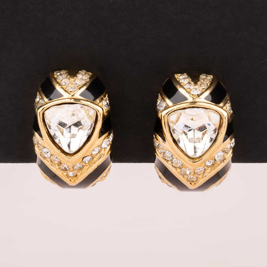 Dior-Ohrclips-mit-Kristallsteinen-und-schwarzer-Emaille