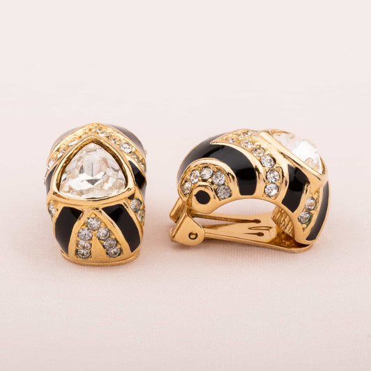 Dior-Ohrclips-mit-Kristallsteinen-und-schwarzer-Emaille