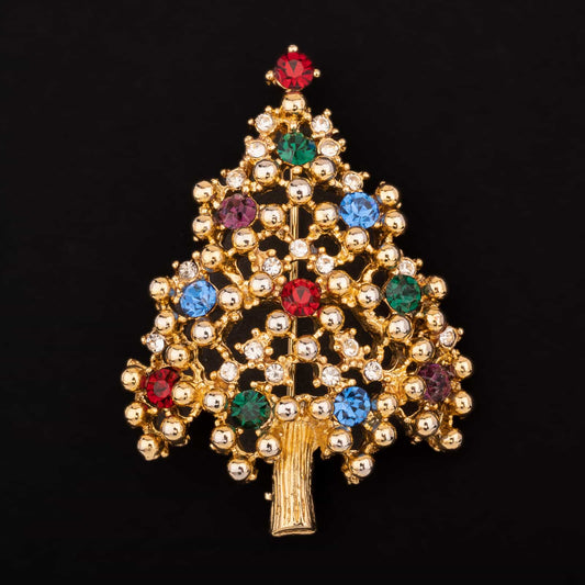 Eisenberg-goldfarbene-Weihnachtsbaum-Brosche-mit-bunten-Strasssteinen