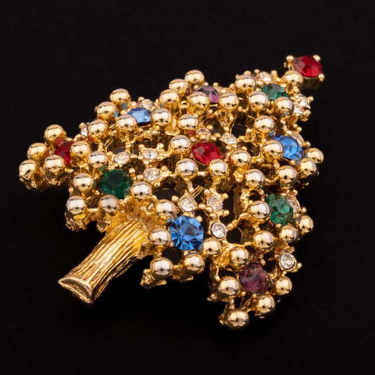 Eisenberg-goldfarbene-Weihnachtsbaum-Brosche-mit-bunten-Strasssteinen