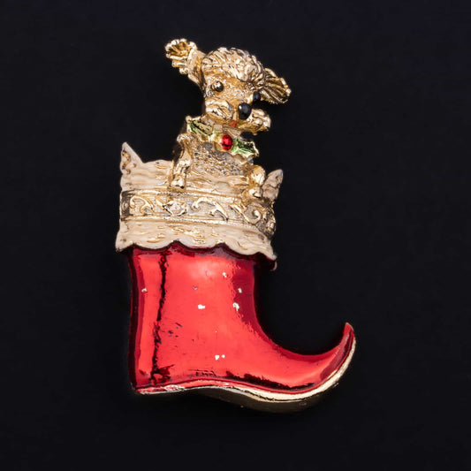 Gerrys-Weihnachtsbrosche-Santas-roter-Stiefel-mit-Hund