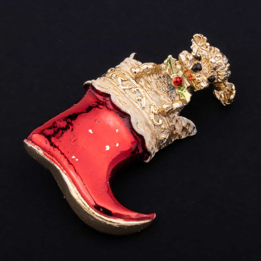 Gerrys-Weihnachtsbrosche-Santas-roter-Stiefel-mit-Hund