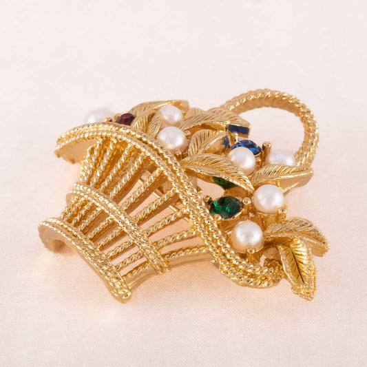 Gerrys-vergoldete-Körbchen-Brosche-Perlen-bunter-Strass