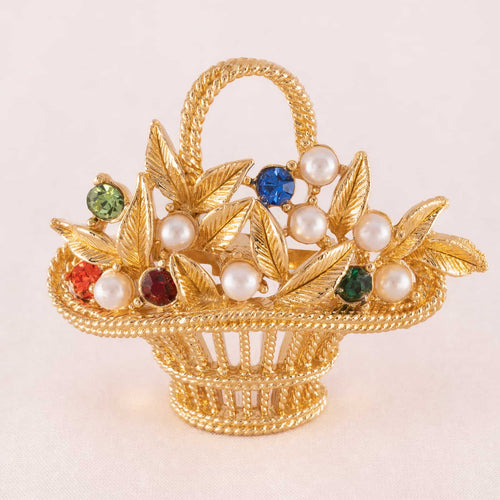 GERRY`S flower basket brooch with pearls and rhinestones