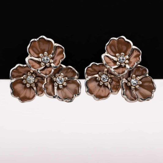 Große-Vintage-Blumen-Ohrclips-Braun-mit-Strass