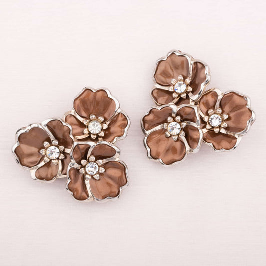 Große-Vintage-Blumen-Ohrclips-Braun-mit-Strass