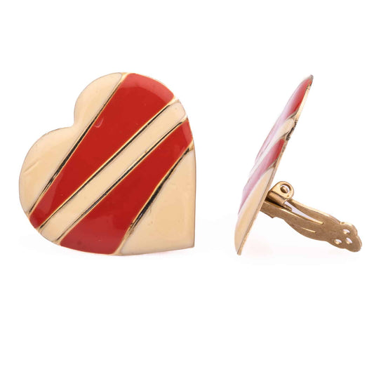 Herz-Ohrclips-Rot-Creme-Gestreift-80s