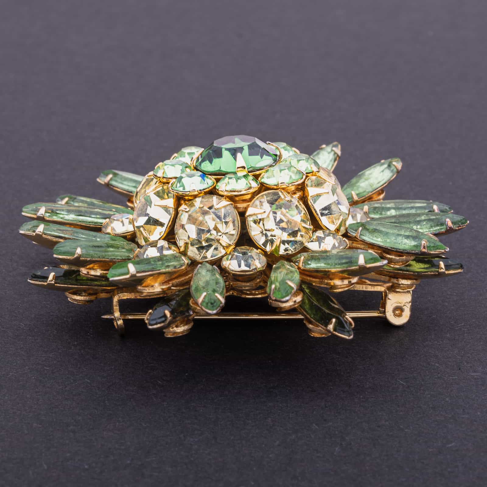 JUDY LEE large rhinestone brooch in green and yellow