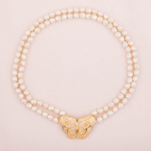 Kenneth Jay Lane for Avon pearl necklace with enamel butterfly