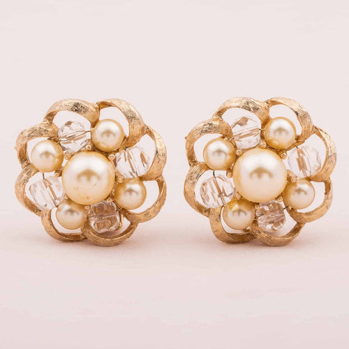 KRAMER flower clip earrings with pearls and crystal beads