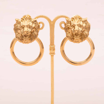 Vintage-Loewen-Türklopfer-Ohrclips-vergoldet