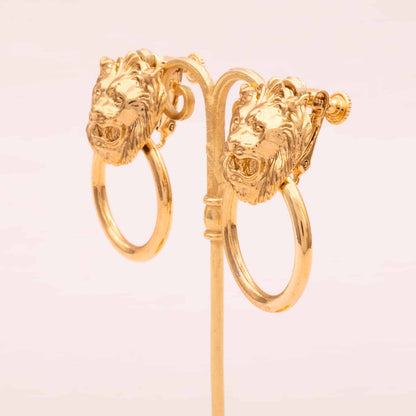 Vintage-Loewen-Türklopfer-Ohrclips-vergoldet