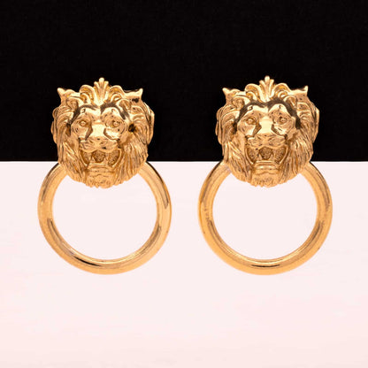 Vintage-Loewen-Türklopfer-Ohrclips-vergoldet