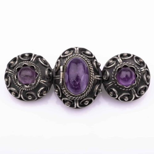 MEXICO Silberbrosche mit Amethysten und Geheimfach aus den 40s