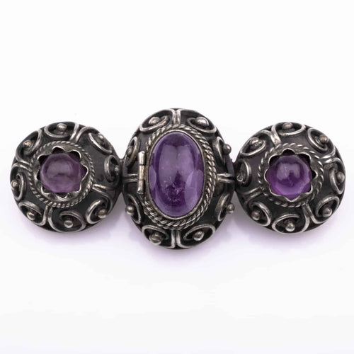 MEXICO silver brooch with amethysts and secret compartment from the 40s