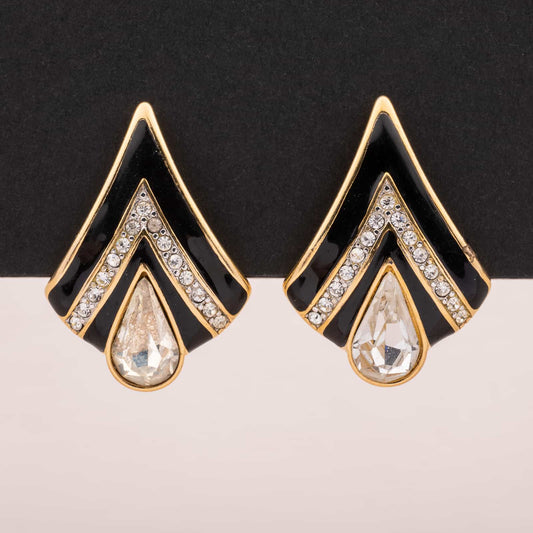 Monet-Ohrclips-schwarze-Emaille-Strass-80s