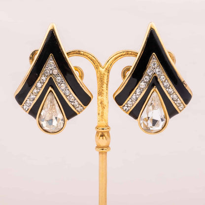 Monet-Ohrclips-schwarze-Emaille-Strass-80s