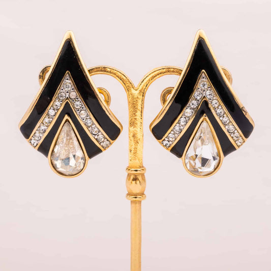 Monet-Ohrclips-schwarze-Emaille-Strass-80s