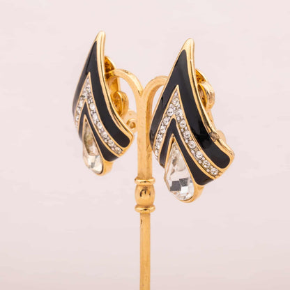 Monet-Ohrclips-schwarze-Emaille-Strass-80s