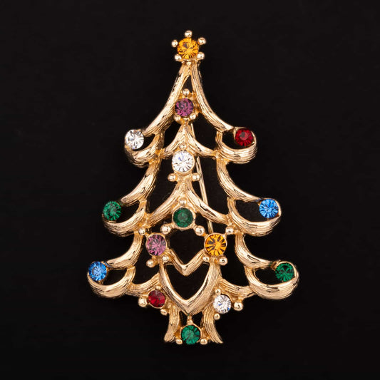 Monet-vergoldete-Weihnachtsbaum-Brosche-mit-bunten-Strasssteinen