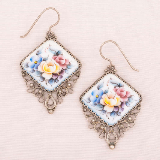 Vintage-Porzellan-Ohrringe-mit-Blumen-handbemalt-Filigranarbeit