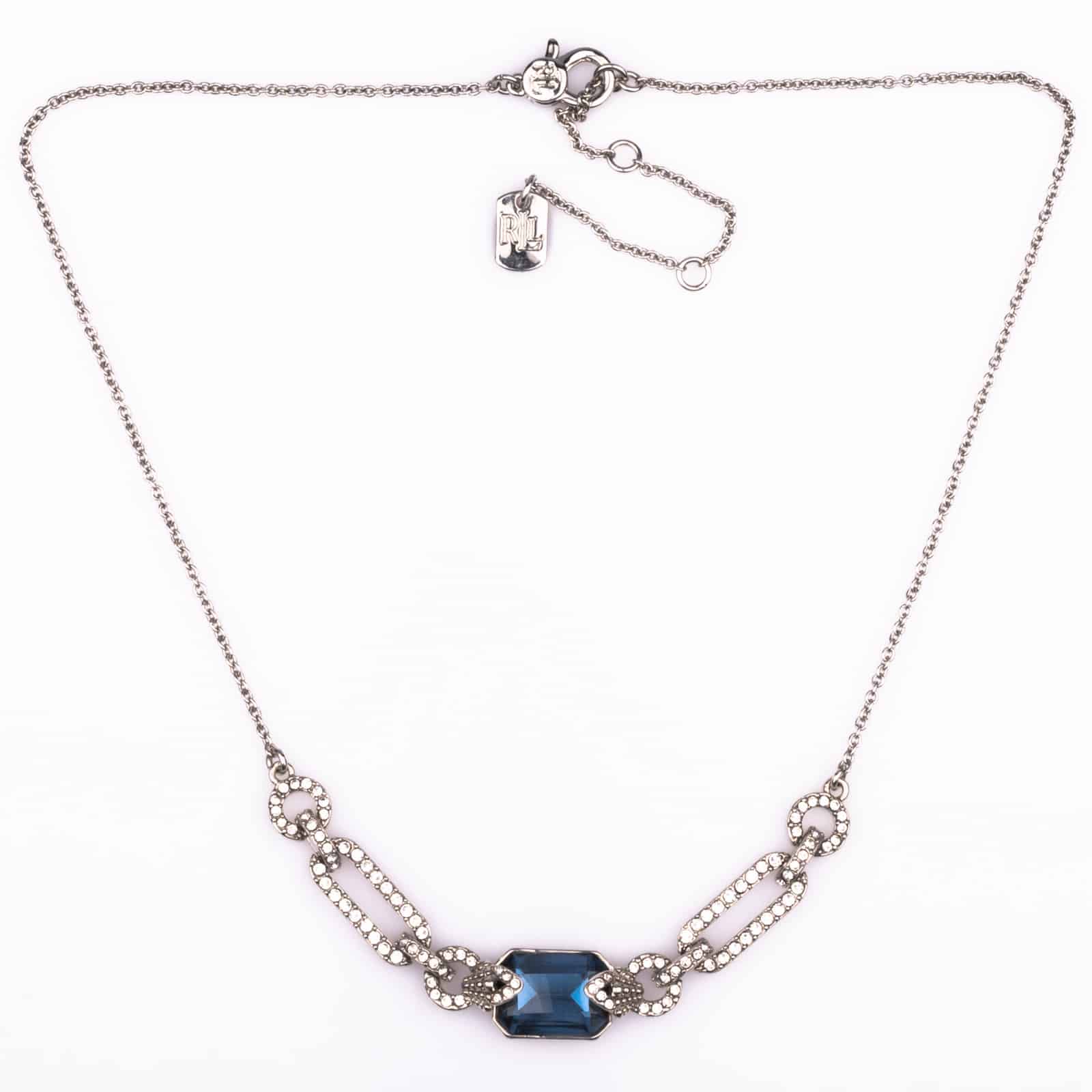 Ralph-Lauren-Halskette-Eckiger-Blauer-Kristall-Art-Deco-Style