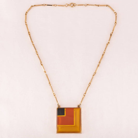 Sarah-Coventry-Halskette-quadratischer-Anhänger-schwarz-rot-gelb