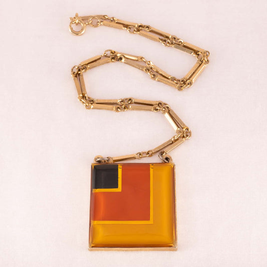 Sarah-Coventry-Halskette-quadratischer-Anhänger-schwarz-rot-gelb