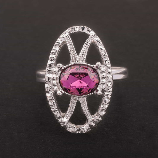 Sarah-Coventry-silberfarbener-Ring-mit-ovalem-lila-Kristall