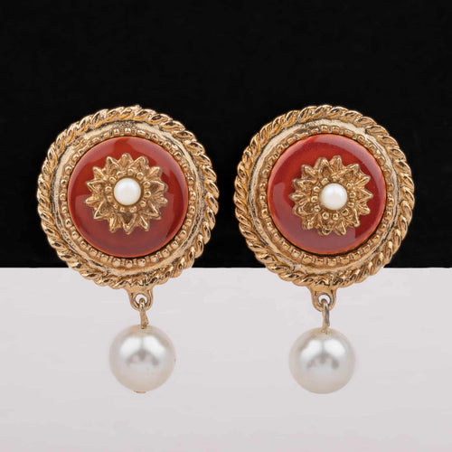 SARAH COVENTRY red enamelled clip earrings with pearl pendants