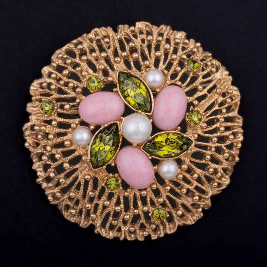 Sarah-Coventry-sehr-große-Brosche-Perlen-grüner-Strass-rosa-Cabochons
