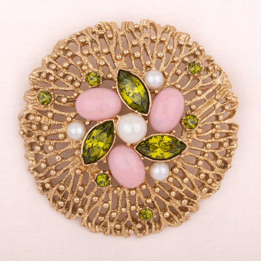 Sarah-Coventry-sehr-große-Brosche-Perlen-grüner-Strass-rosa-Cabochons