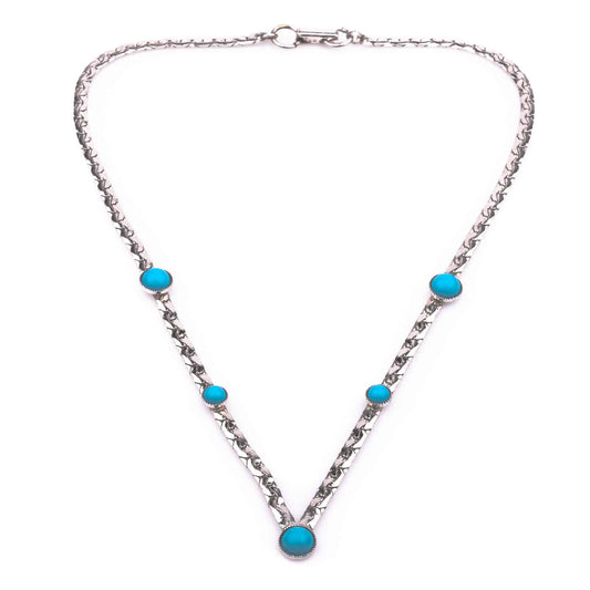 Sarah-Coventry-silberfarbene-V-Kette-türkisfarbene-Cabochons