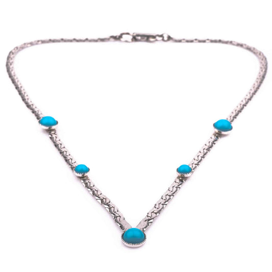 Sarah-Coventry-silberfarbene-V-Kette-türkisfarbene-Cabochons