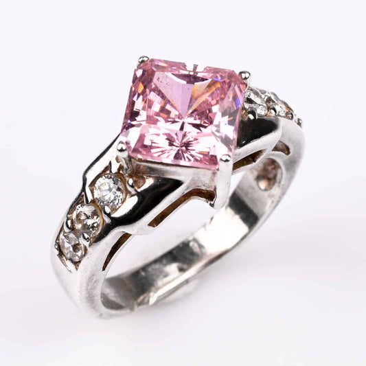 Kleiner-Ring-Sterlingsilber-eckiger-rosa-Zirkonia