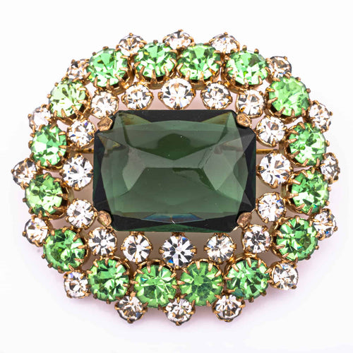 Grüne Vintage Brosche mit großem eckigen Kristall