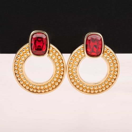 SWAROVSKI vintage door knocker earrings with red crystal