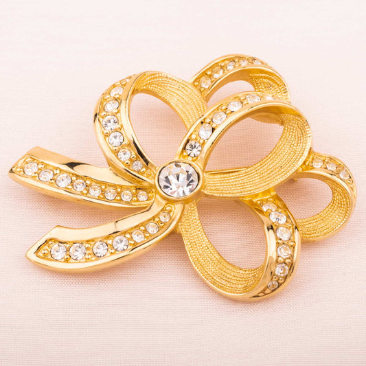 Swarovski-Schleifen-Brosche-vergoldet-Glitzer-Kristalle