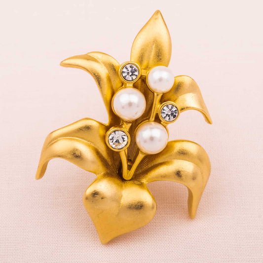 Swarovski-Blumen-Brosche-Vergoldet-Perlen-Kristalle