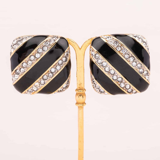 Swarovski-Ohrclips-Schwarz-Quergestreift-eckige-Form