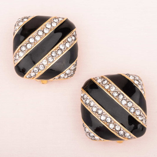 Swarovski-Ohrclips-Schwarz-Quergestreift-eckige-Form