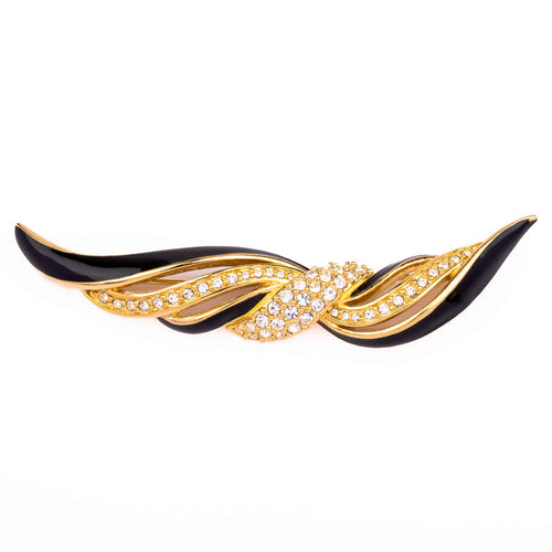 Vergoldete SWAROVSKI Vintage Brosche Schwarz emailliert in Schleifen Form