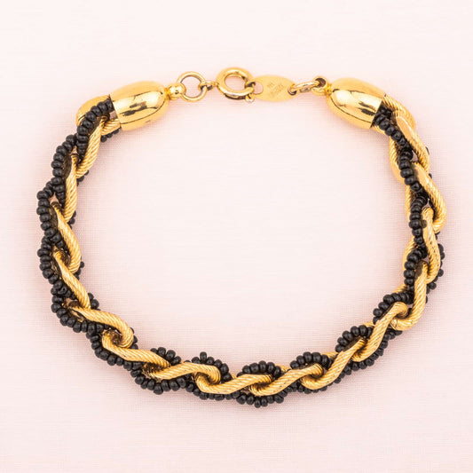 Trifari-Armband-vergoldete-Kettenglieder-schwarze-Perlen