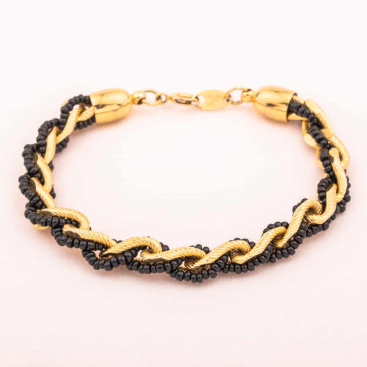 Trifari-Armband-vergoldete-Kettenglieder-schwarze-Perlen