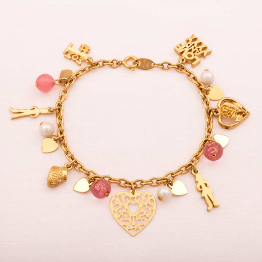 Trifari-vergoldetes-Bettelarmband-Perlen-Herz-Charms