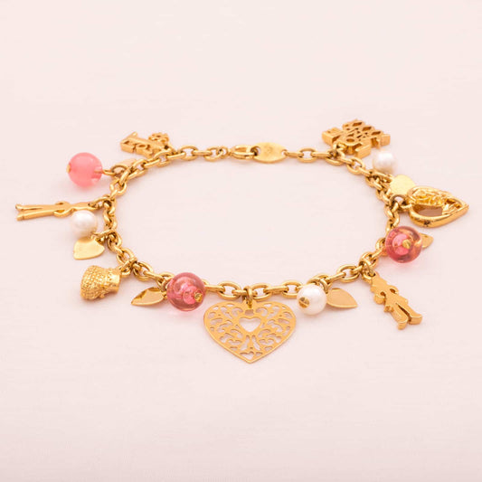 Trifari-vergoldetes-Bettelarmband-Perlen-Herz-Charms