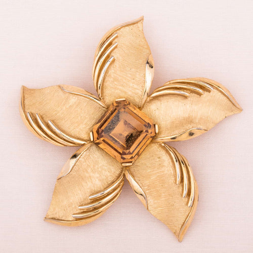 Flower brooch by TRIFARI from the 60s with square crystal in beige