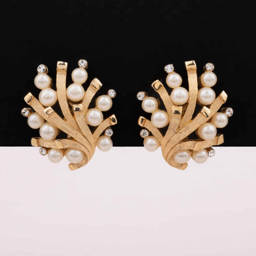 TRIFARI clip earrings with pearls and rhinestones
