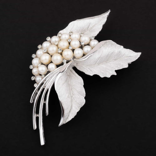 TRIFARI silver colored brooch with pearls and rhinestones